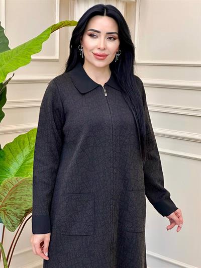 Yakalı Fermuarlı Uzun Hırka 33068 t-24 Siyah