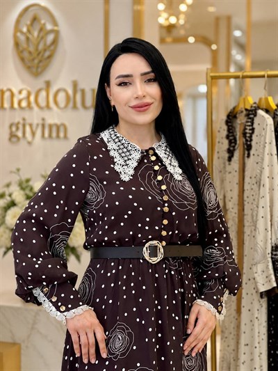 Yakası Dantelli Puantiye Elbise 12006 T-26 Kahverengi