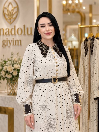 Yakası Dantelli Puantiye Elbise 12006 T-26 Bej