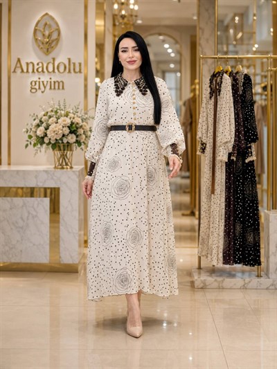 Yakası Dantelli Puantiye Elbise 12006 T-26 Bej