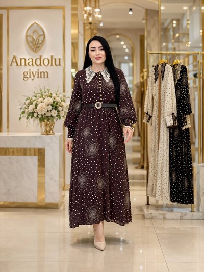 Yakası Dantelli Puantiye Elbise 12006 T-26 Kahverengi