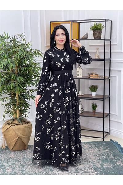 Yaldız Baskı Tül Elbise 3266 Gri