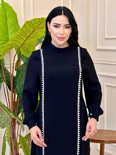 Yan Bağçık Çift Şerit Elbise 1055 Siyah