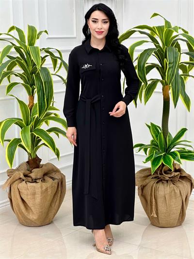 Kampayalı Yan Bağlama Düğmeli Elbise 12504 tk-24 Siyah