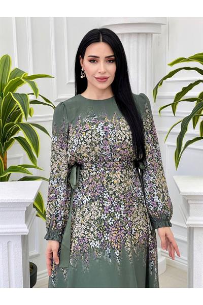 Yan Bağlamalı Desenli Elbise 4042 Yeşil