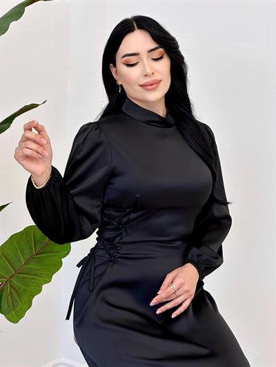 Yan Capraz İpli Saten Elbise 4517 Lacivert