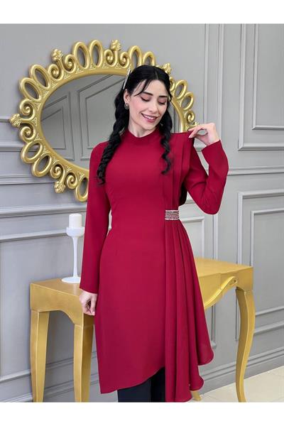 Yan Pileli Tunik Takım 4737 Kırmızı