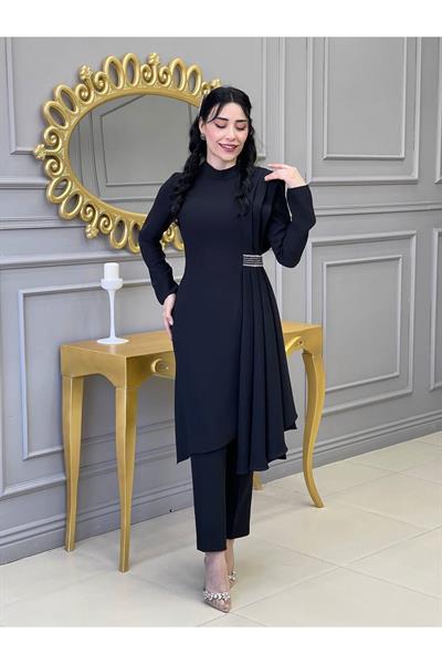 Yan Pileli Tunik Takım 4737 Siyah