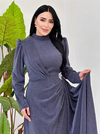 Yan Taş Detay Simli Abiye 00154 Gri