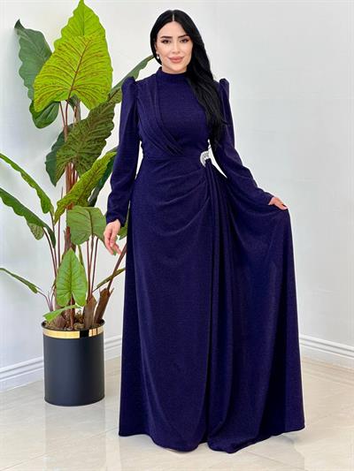 Yan Taş Detay Simli Abiye 00154 Lacivert