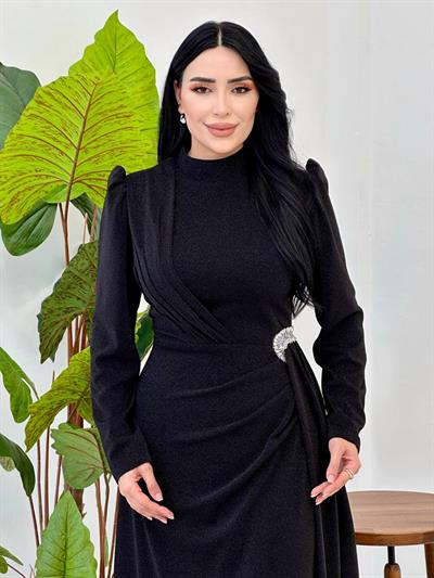 Yan Taş Detay Simli Abiye 00154 Siyah