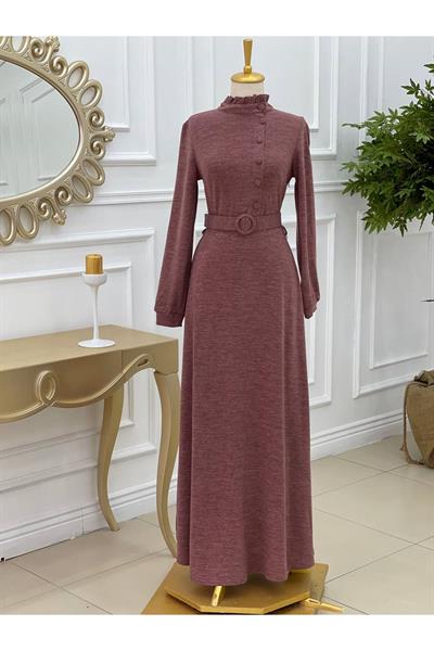 Yandan Düğmeli Örme Elbise 3209 Rose