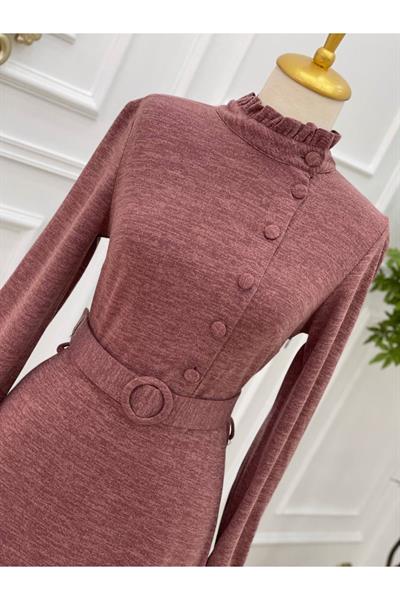 Yandan Düğmeli Örme Elbise 3209 Rose