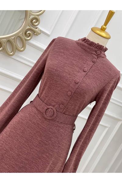 Yandan Düğmeli Örme Elbise 3209 Rose