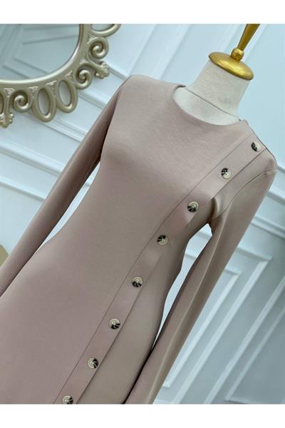 Yandan Düğmeli Penye Elbise 3193 Bej