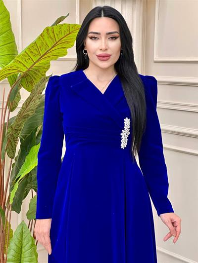 Yanı Taşlı Kadife Elbise 0373 t-24 Saks