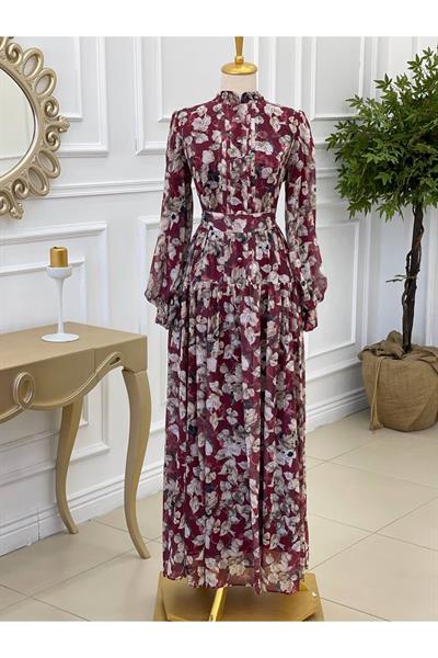 Yaprak Desen Düğmeli Şifon Elbise 3396 Bordo