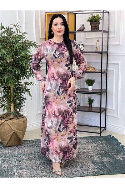 Yaprak Desen Şifon Elbise 3010 Mürdüm