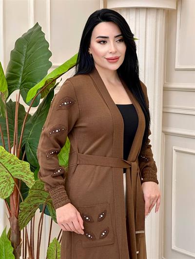 Yaprak Desenli Uzun Hırka 4445 t-24 Kahverengi