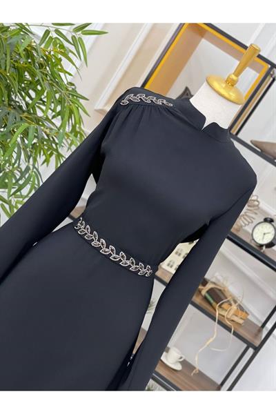 Yaprak Taş Detay Elbise 743 Siyah