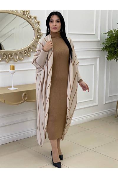 Yarasa Kol Hırkalı Elbise-Bej