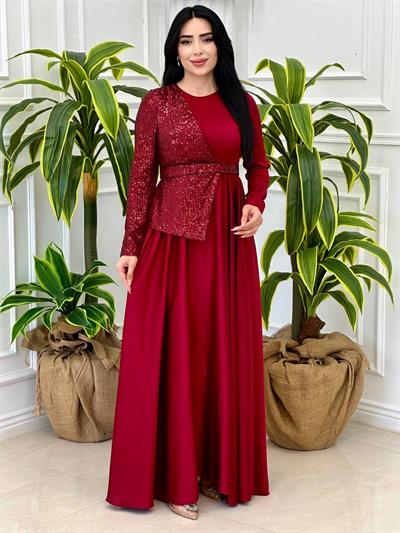 Yarı Payet Saten Elbise 4052 Bordo