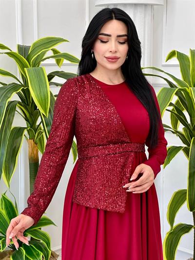 Yarı Payet Saten Elbise 4052 Bordo