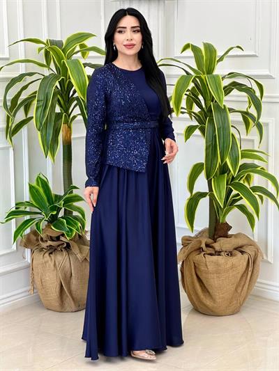 Yarı Payet Saten Elbise 4052 Lacivert
