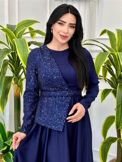 Yarı Payet Saten Elbise 4052 Lacivert