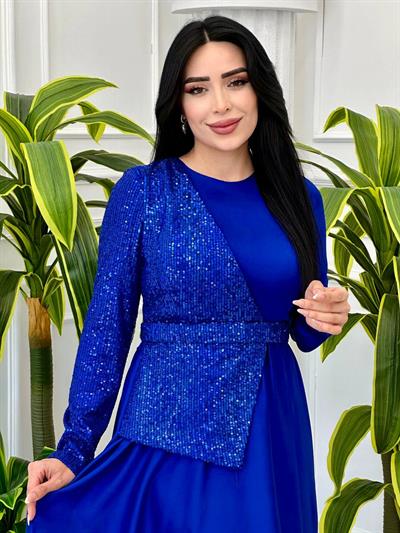 Yarı Payet Saten Elbise 4052 Saks