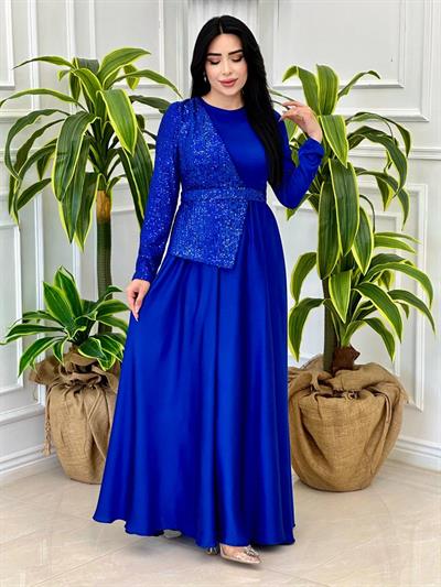 Yarı Payet Saten Elbise 4052 Saks