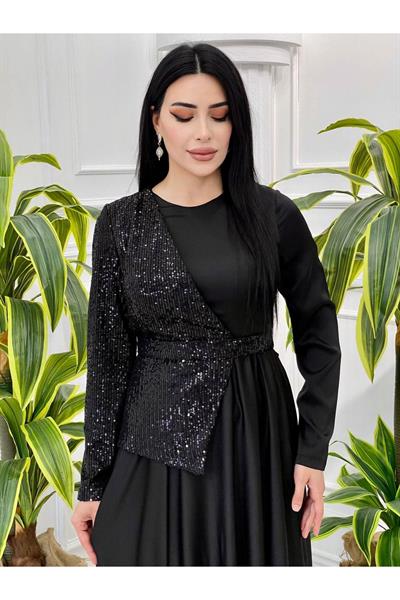 Yarı Payet Saten Elbise 4052 Siyah