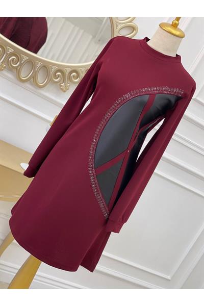 Yarım Deri Taş Detay Tunik 701 Bordo
