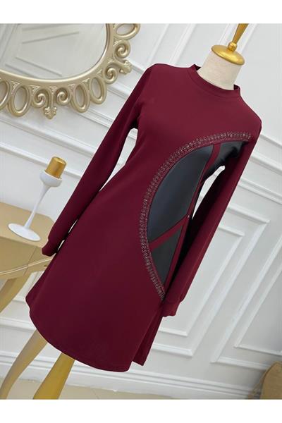 Yarım Deri Taş Detay Tunik 701 Bordo