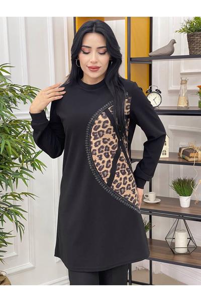 Yarım Deri Taş Detay Tunik 701 Leopar