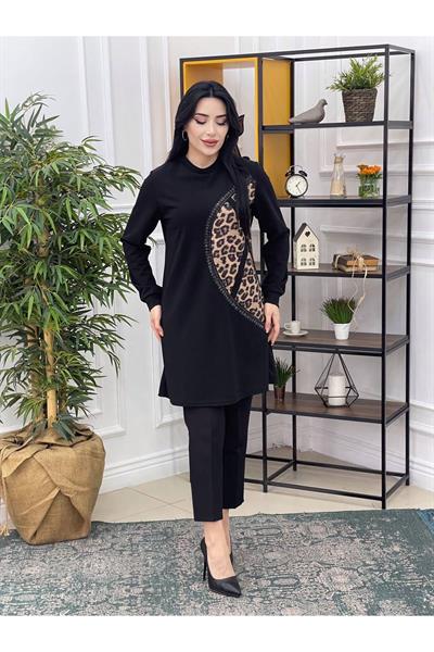 Yarım Deri Taş Detay Tunik 701 Leopar