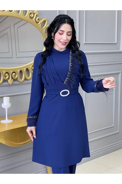 Yarım Taş Detay Tunik Takım 5520 Saks