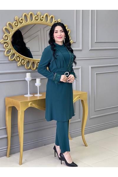 Yarım Taş Detay Tunik Takım 5520 Zümrüt Yeşil