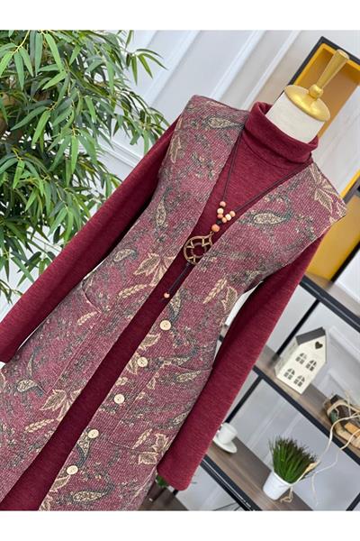 Yelekli Örme Elbise 3246 Bordo