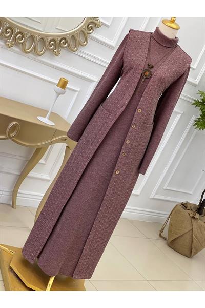 Yelekli Örme Elbise 3246 Leylak