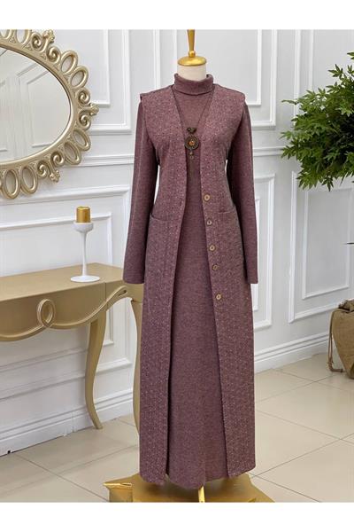 Yelekli Örme Elbise 3246 Leylak