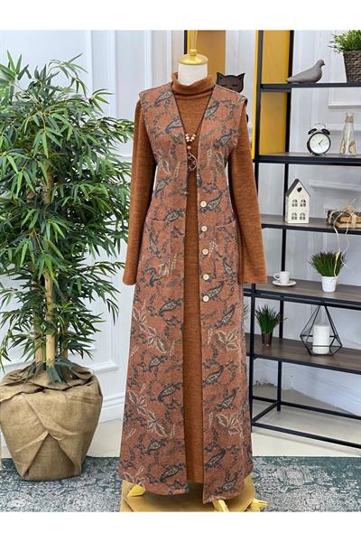 Yelekli Örme Elbise 3246 Taba