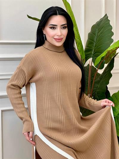 Yırtmaç Detay Triko İkili Takım 5656 t-24 Vizon