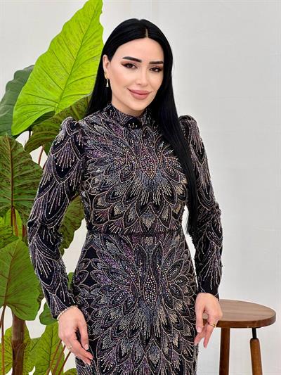 Yoğun Boncuk İşleme Abiye 1018 T-25 Siyah
