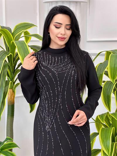 Yoğun İşleme Krep Elbise 934 t-24 Siyah