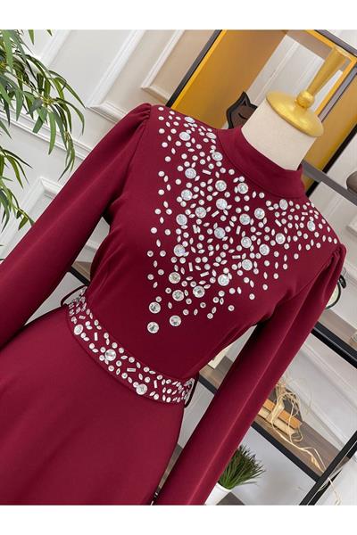 Yoğun Taş İşleme Elbise 1074 Bordo