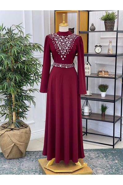 Yoğun Taş İşleme Elbise 1074 Bordo