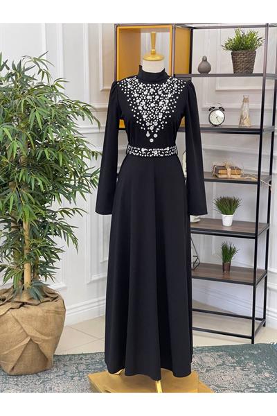 Yoğun Taş İşleme Elbise 1074 Siyah