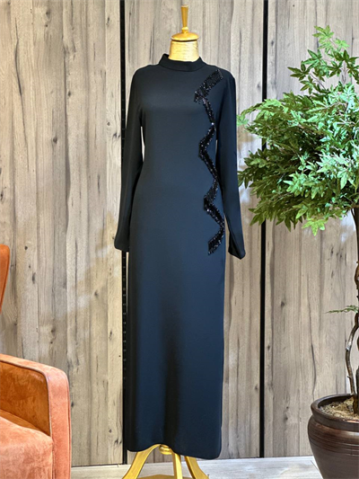 Zigzag Boncuk İşleme Krep Elbsie 1144 T-26 Siyah