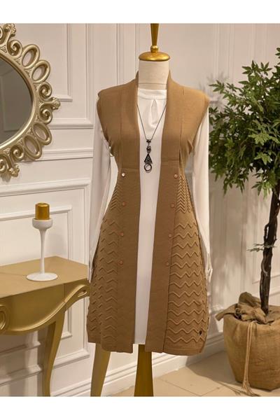 Zik Zak Düğmeli Yelek 3694 Vizon